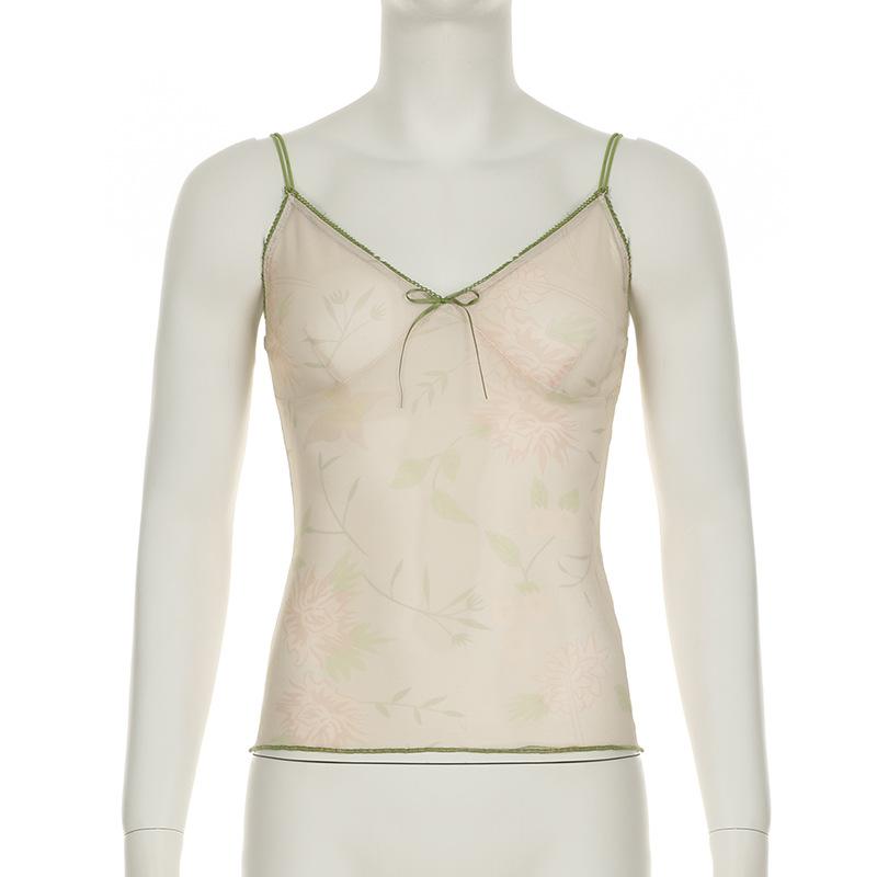 V neck flower print bowknot mesh cami top