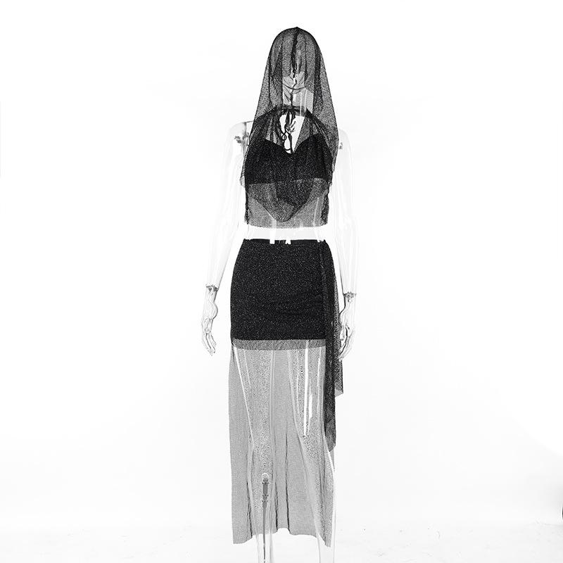 Hoodie halter mesh glitter 2 piece mini skirt set