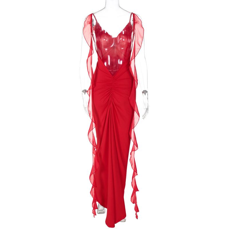 Flower applique ruffle ruched backless cami maxi dress  | red tango dress