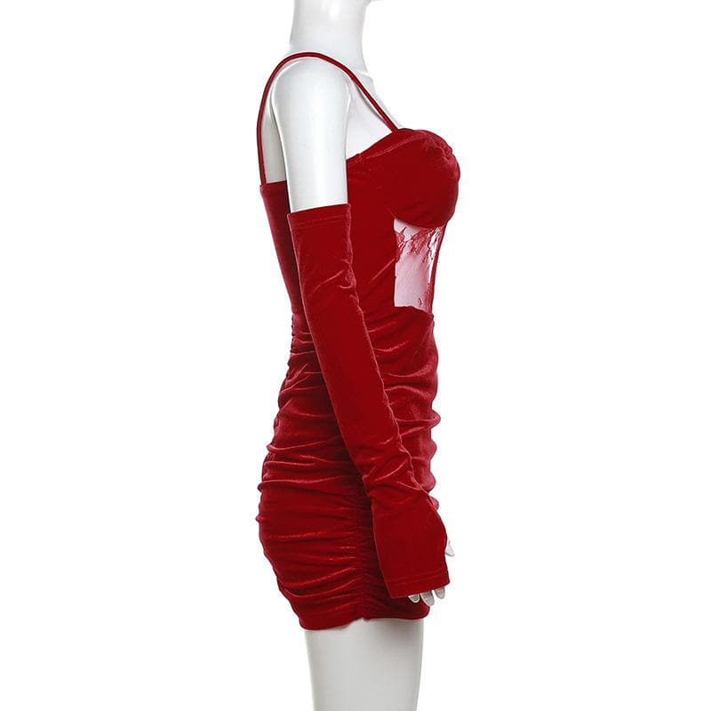 Velvet gloves ruched mesh backless cami mini dress  | red tango dress