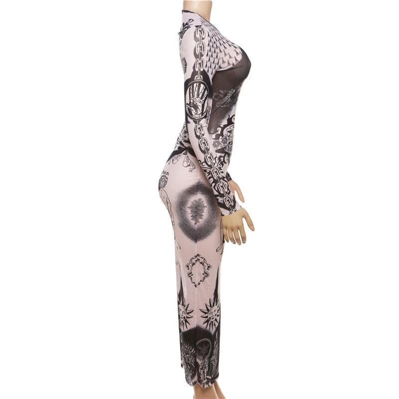 Sheer mesh abstract contrast see through long sleeve maxi dress  | samba dress