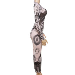 Sheer mesh abstract contrast see through long sleeve maxi dress  | samba dress