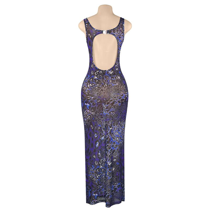 Print u neck hollow out sheer mesh cami maxi dress  | samba dress
