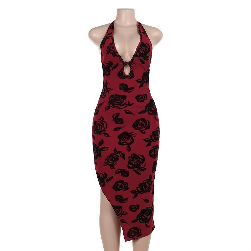 Halter v neck slit backless mesh self tie midi dress  | red tango dress