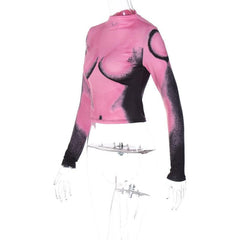 Long sleeve contrast high neck body print crop top