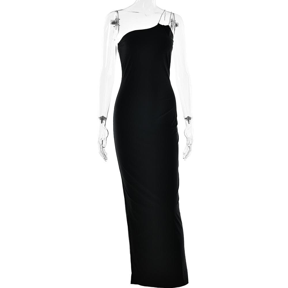 Metal chain one shoulder solid slit maxi dress  | red tango dress