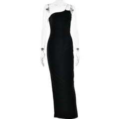 Metal chain one shoulder solid slit maxi dress  | red tango dress