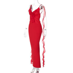 Flower applique ruffle ruched backless cami maxi dress  | red tango dress