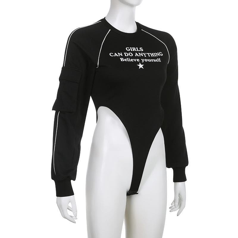 Pocket letter print long sleeve crewneck contrast bodysuit