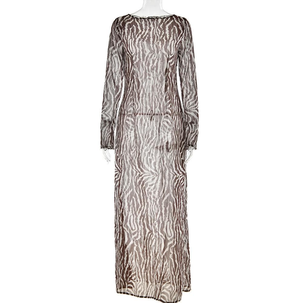 Sheer mesh see through zebra print long sleeve zip-up contrast maxi dress  | red tango dress  | samba dress