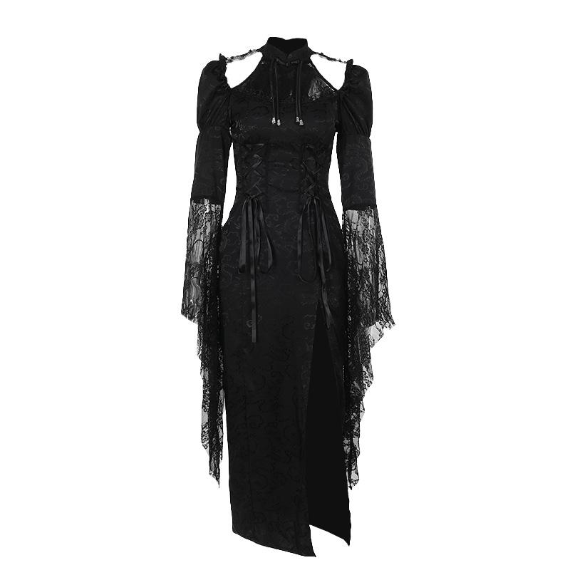Puff sleeve lace up slit maxi dress