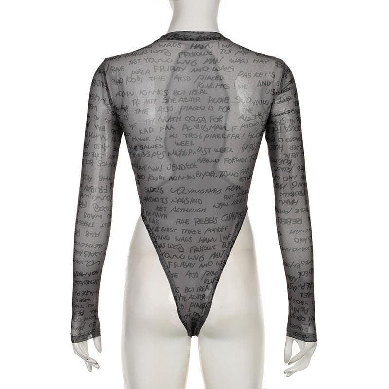 Long sleeve letter print sheer mesh see through crewneck bodysuit