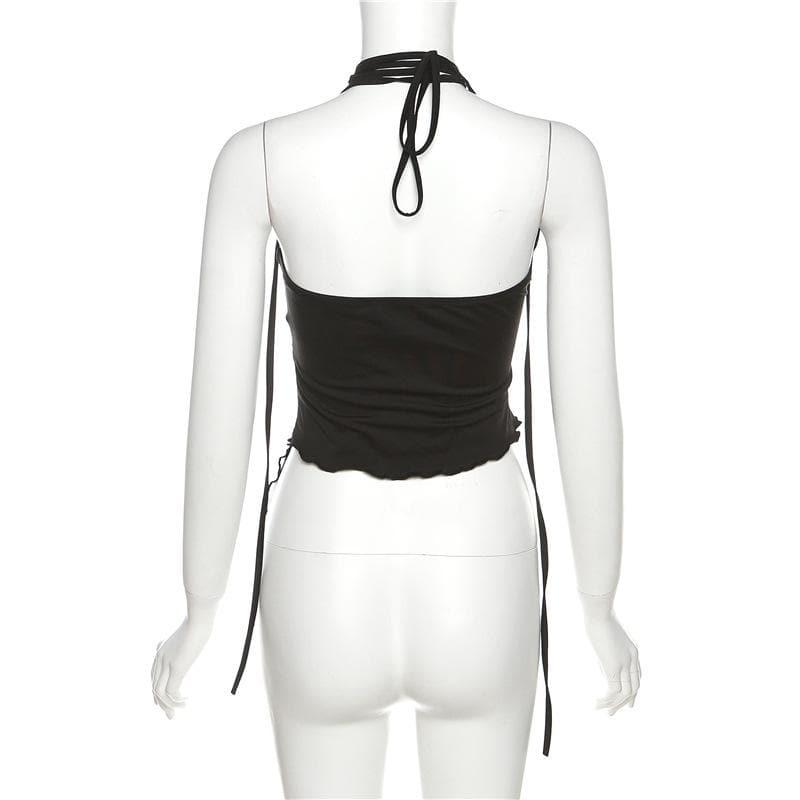 Halter mesh ruffle irregular backless top