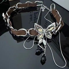 Butterfly pendant PU leather choker necklace