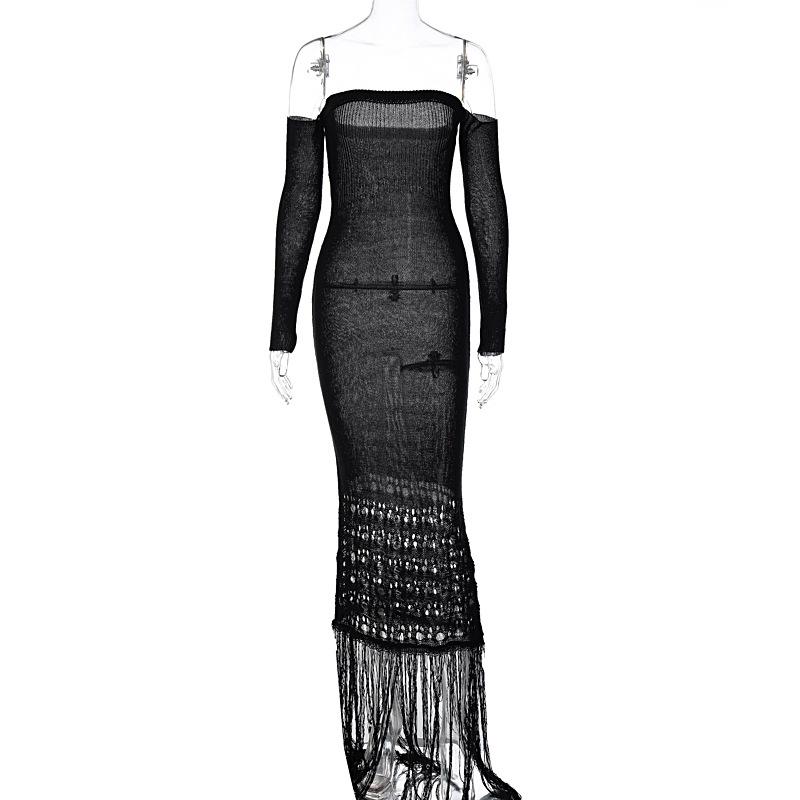 Sweetheart neck off shoulder tassels knitted maxi dress