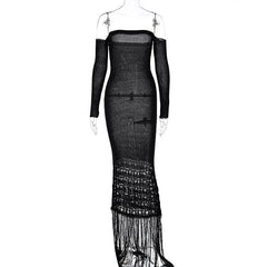 Sweetheart neck off shoulder tassels knitted maxi dress