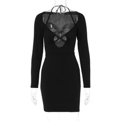 Cross front self tie halter solid long sleeve notch neck mini dress  | black rave dress  | black rave dress