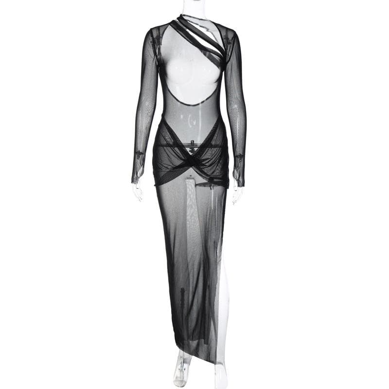 Sheer mesh long sleeve irregular backless see through slit maxi dress  | samba dress