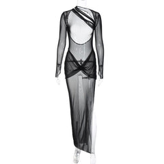 Sheer mesh long sleeve irregular backless see through slit maxi dress  | samba dress