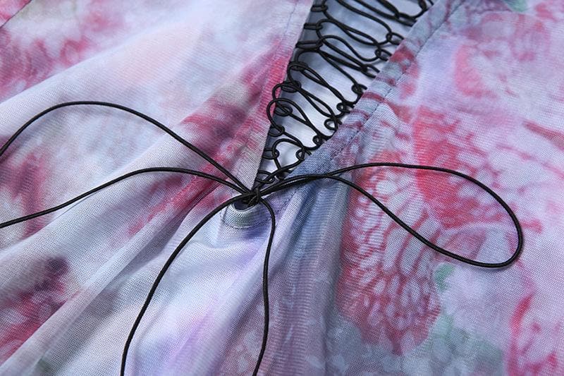 Long sleeve print sheer mesh lace up maxi dress  | samba dress