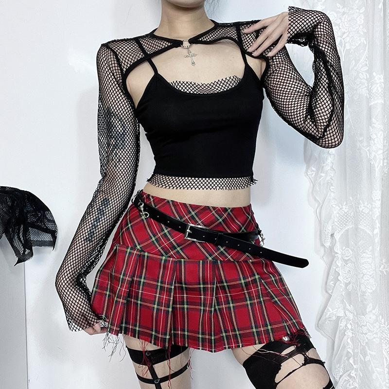 Long sleeve fishnet shrug cross applique 2 piece top
