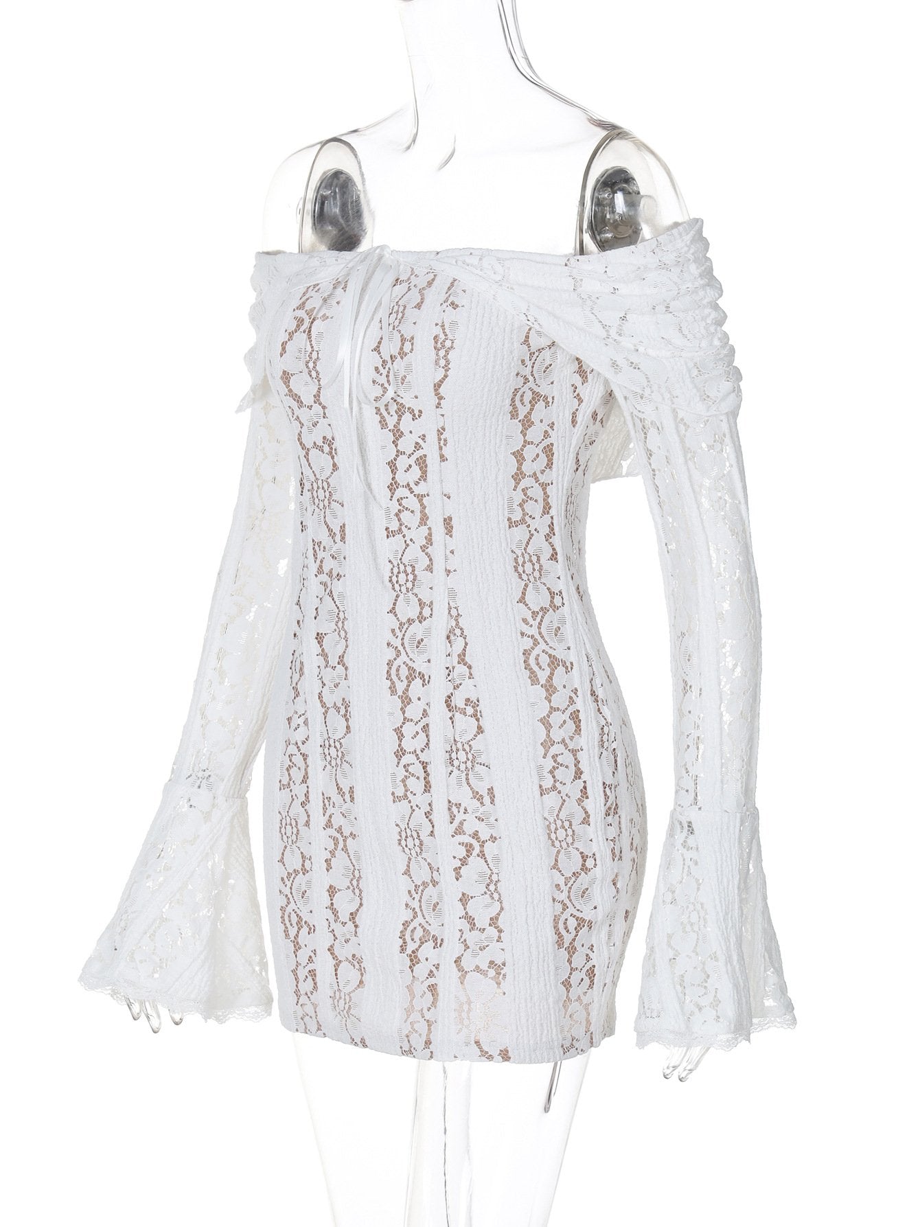 Off shoulder long sleeve lace bowknot mini dress