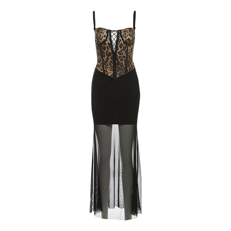 Leopard print mesh lace up cami maxi dress
