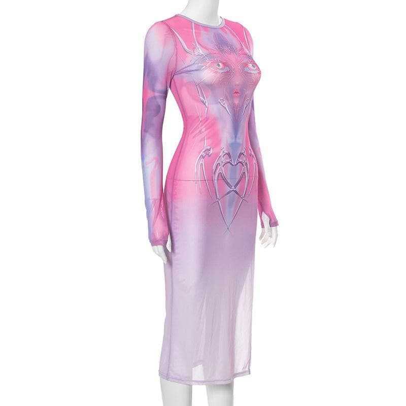 Long sleeve sheer mesh print midi dress  | samba dress