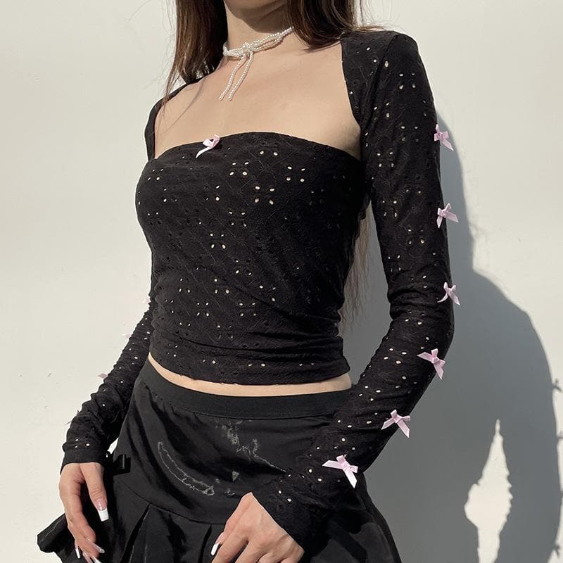 Hollow out bowknot contrast long sleeve shrug 2 piece tube cut out top