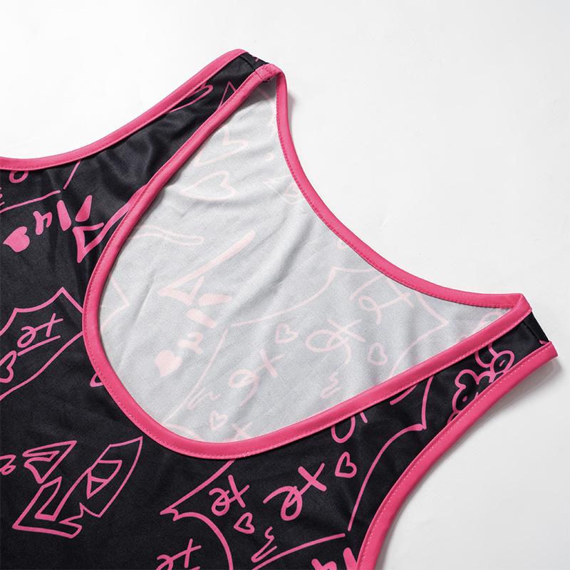 U neck print self tie hollow out tank bodysuit