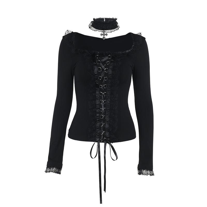 Long sleeve ruffle lace hem necklace top