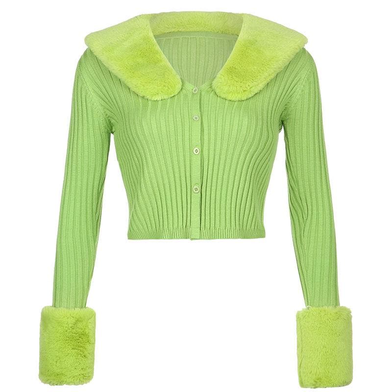 Button fluffy turnover collar knitted long sleeve cardigan top