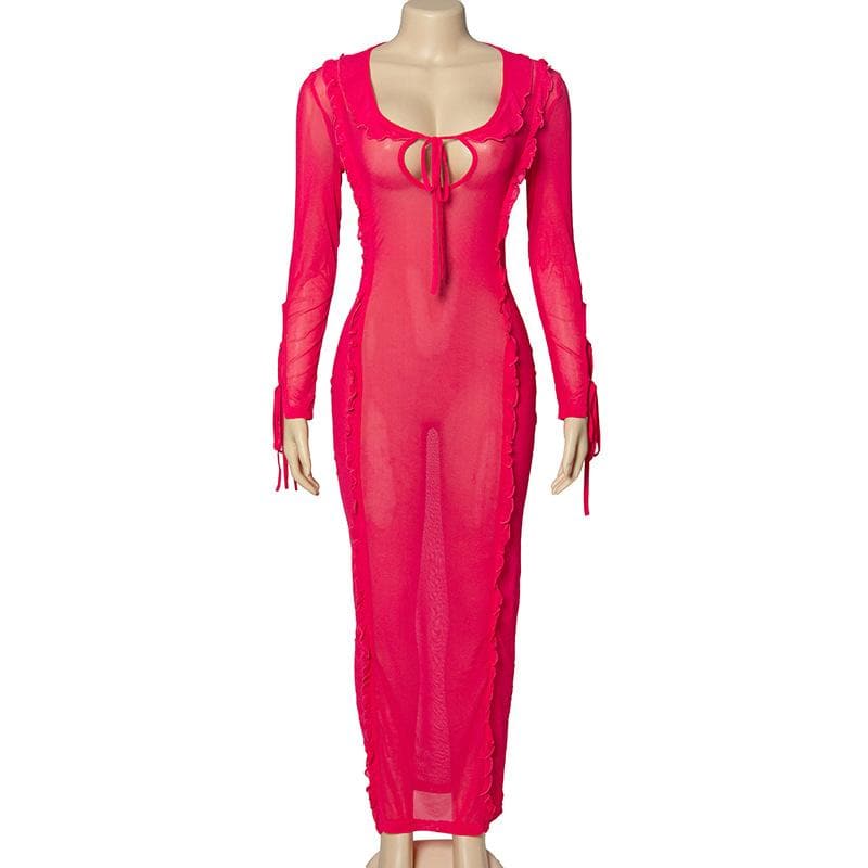 Ruffle turtle neck sheer mesh see through long sleeve maxi dress  | red tango dress  | samba dress