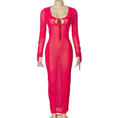 Ruffle turtle neck sheer mesh see through long sleeve maxi dress  | red tango dress  | samba dress
