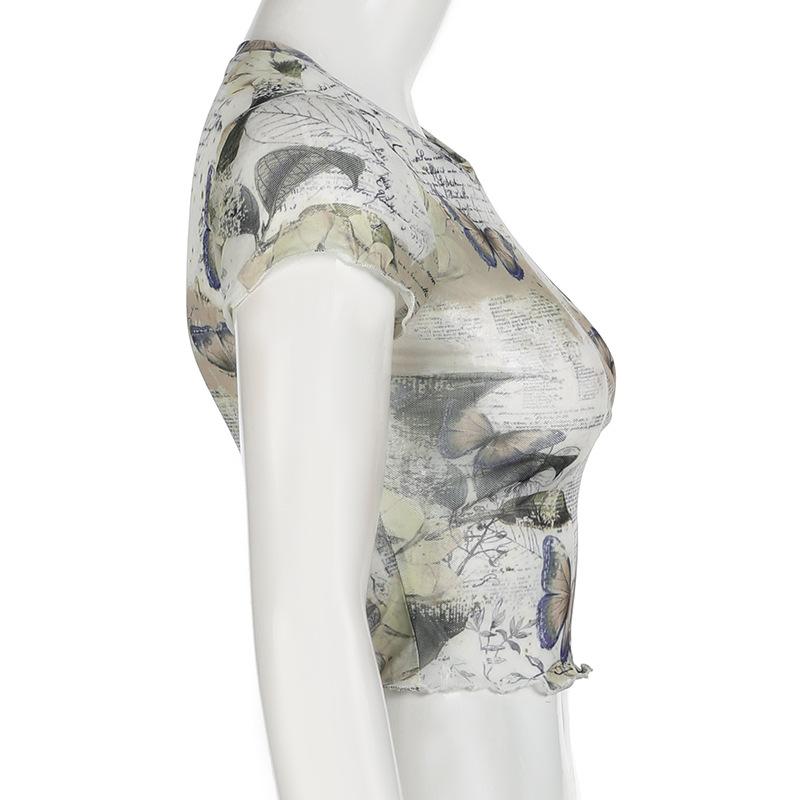 Short sleeve crewneck butterfly print sheer mesh top