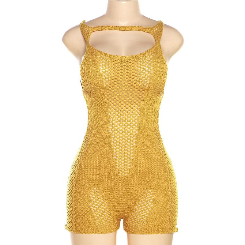 Knitted hollow out backless solid romper