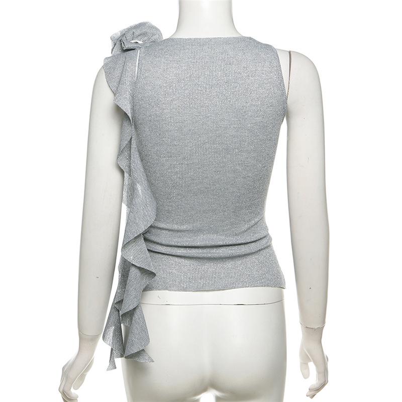 Crewneck flower applique glitter ruffle top