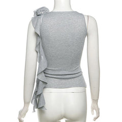 Crewneck flower applique glitter ruffle top