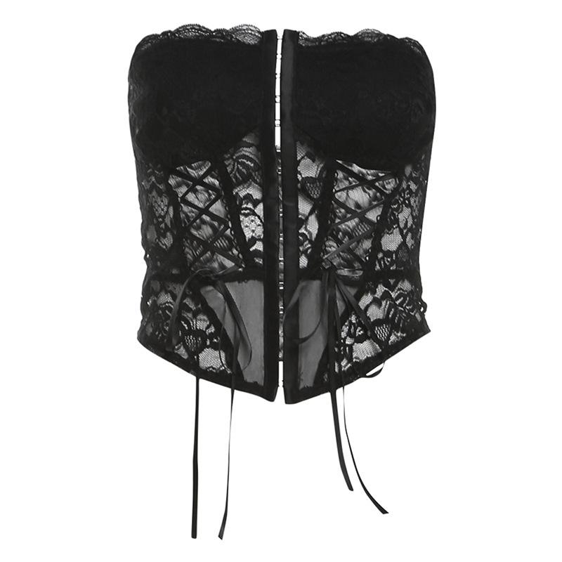 Lace hollow out lace up button tube top