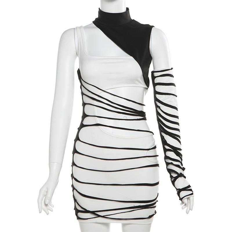 High neck gloves irregular hollow out contrast mini dress