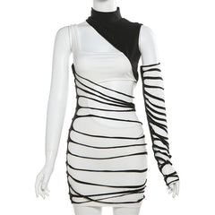 High neck gloves irregular hollow out contrast mini dress