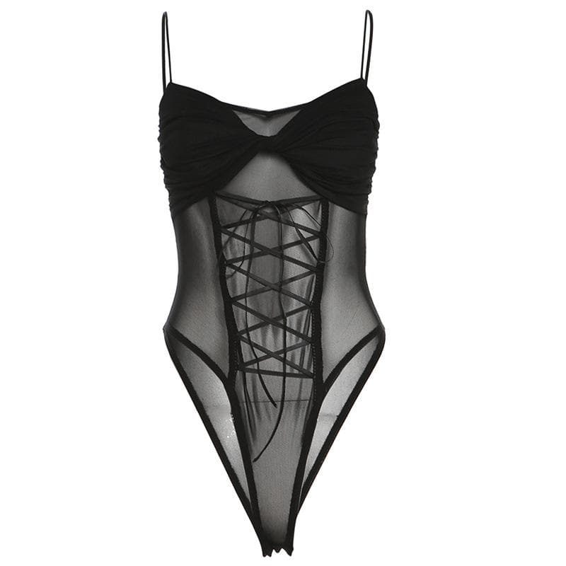 Ruched lace up mesh cami solid bodysuit