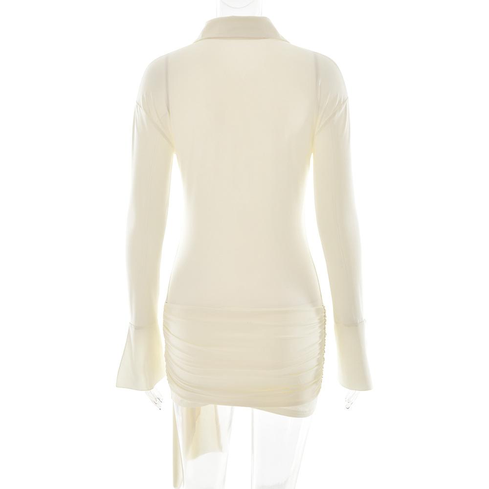 Turnover collar long sleeve button ruched mini dress