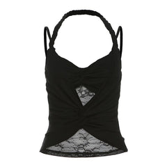 Halter ruched lace patchwork v neck cami top
