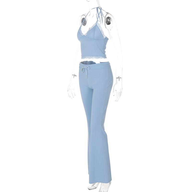 Halter v neck drawstring ruched lace hem pant set