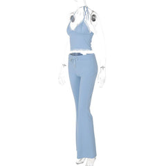 Halter v neck drawstring ruched lace hem pant set