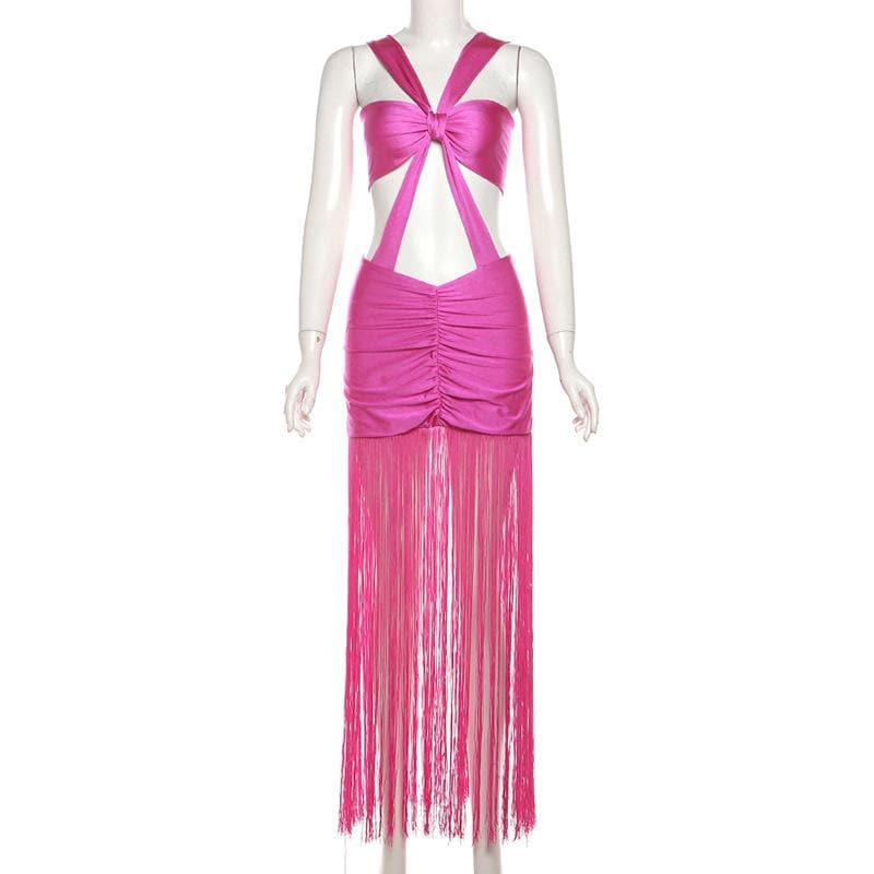 Ruched knotted tassels metallic cami mini dress  | red tango dress