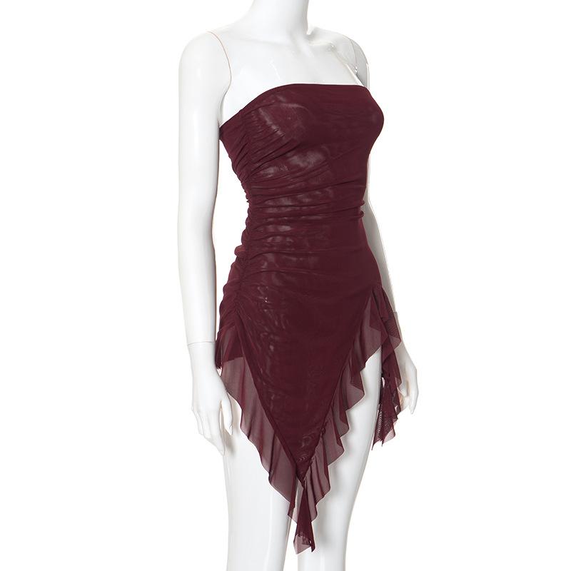 Sheer mesh ruffle ruched tube mini dress  | samba dress