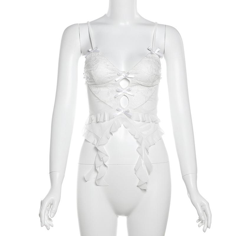 Bowknot ruffle mesh solid cami top