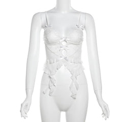 Bowknot ruffle mesh solid cami top